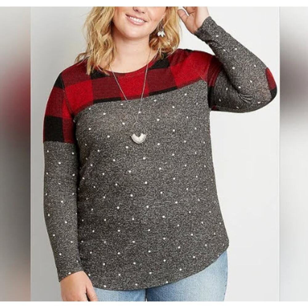 Maurices Buffalo Plaid Polka Dot Red Gray Jersey Top Women's Plus Size 2X NWT